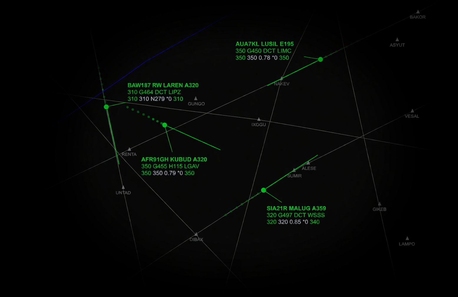 Air traffic radar-style display with flight tracks, waypoints, and live aircraft data